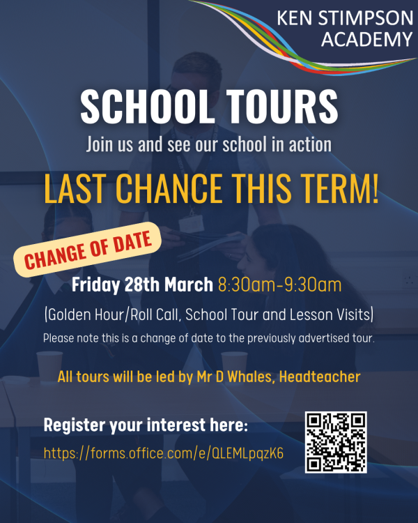 Image showing text details about the school tour and noting that it is now taking place on Friday 28th March