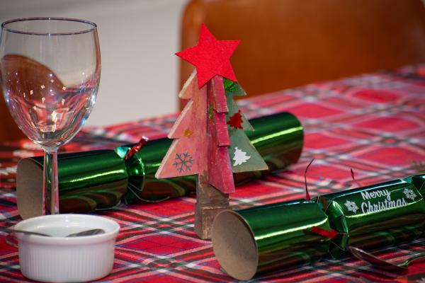 Photo of a Christmas tree ornament on a festive table
